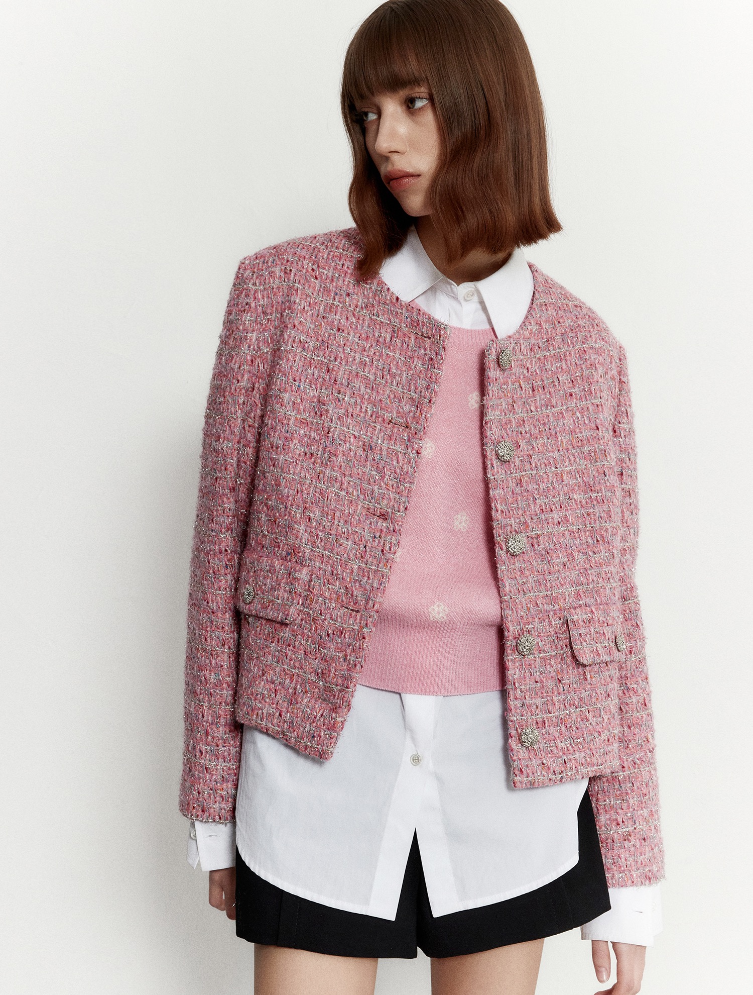 Round neck tweed jacket 004 Pink